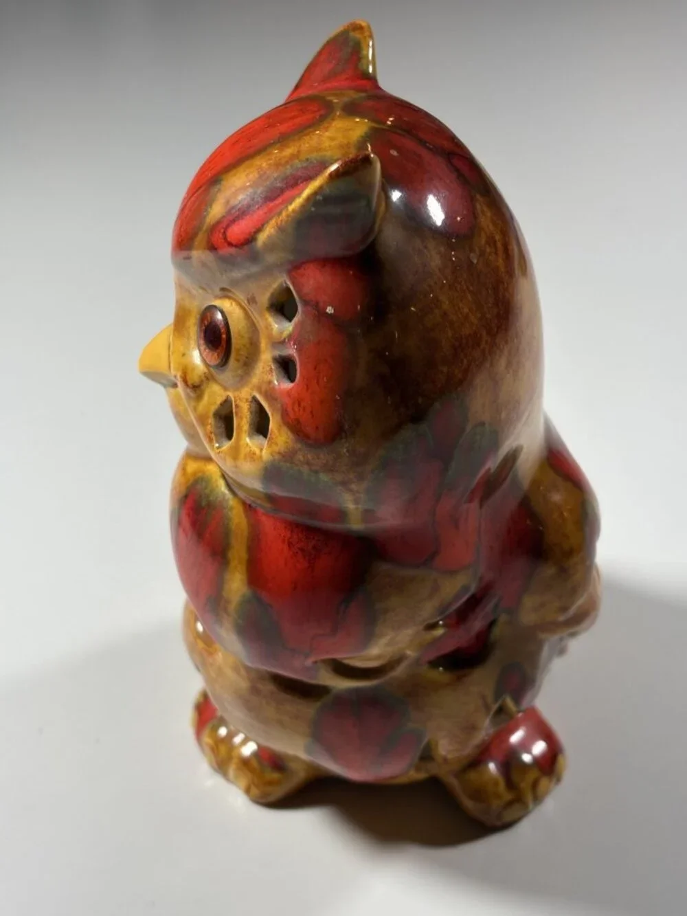 Vintage Ceramic Owl Tea Light Holder Handcrafted Red Brown Glazed Luminary 7" - Picture 8 of 10